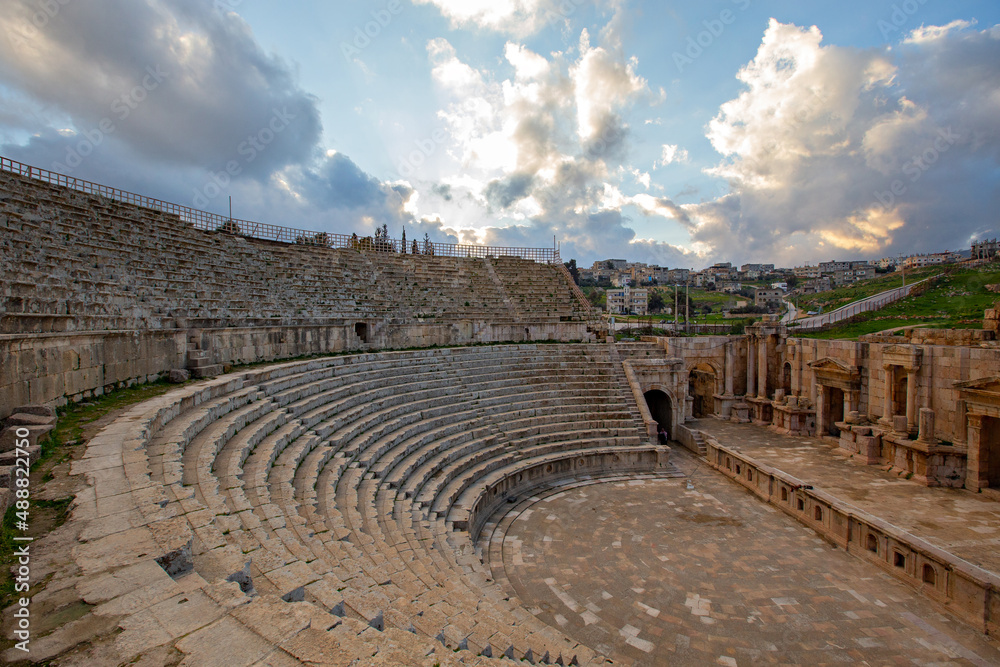 Ancient Roman ruins, amphitheater in Jerash town in Jordan 