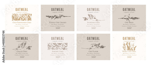 Set of customizable oatmeal labels of Natural healthy food. Cereal oat products packaging templates. Contemporary design for Cosmetics, Pharmacy, bakery