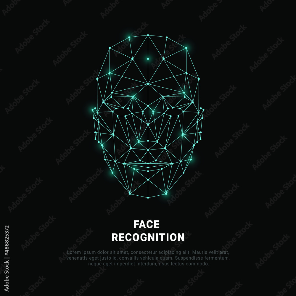 Face recognition. Face recognition system concept. biometric scanning, 3D scanning. Identification of a person through a system of recognition. Vector wireframe polygon concept. - obrazy, fototapety, plakaty 