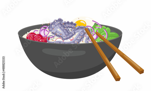 Octopus poke bowl illustration Hawaiian cuisine. Vector stock illustration isolated on white background for menu fast food restaurant with healthy, bio, organic meals. 