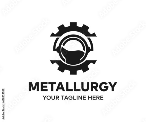 Metallurgy and foundry, iron molten metal pouring in gear, logo design. Heavy industry and engineering, industrial, vector design and illustration