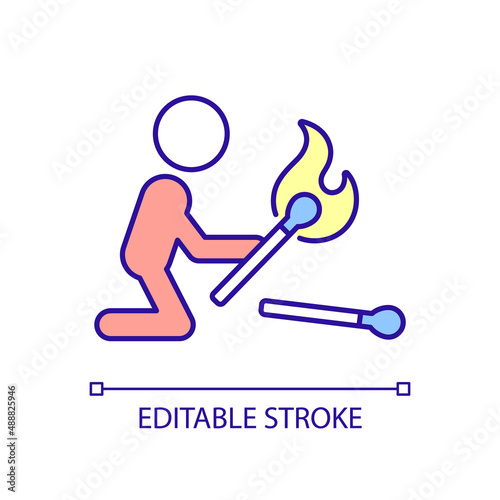 Kid playing with matches RGB color icon. Leaving unattended child at home. Fire hazard. Uninvolved parenting. Isolated vector illustration. Simple filled line drawing. Editable stroke. Arial font used