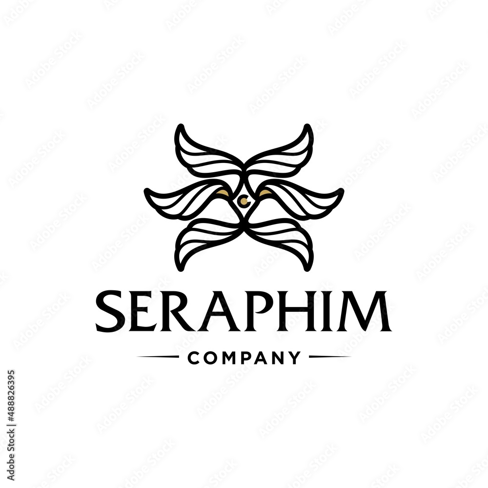Seraphim, six-winged angel from Bible Book. Tattoo line design artwork vector logo. Seraphim, six-winged angel from Bible Book. Tattoo line design artwork vector logo.
