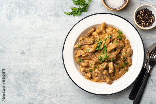 Traditional Russian dish Beef stroganoff in plate on concrete background