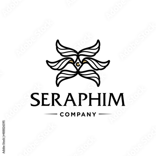Seraphim, six-winged angel from Bible Book. Tattoo line design artwork vector logo. 