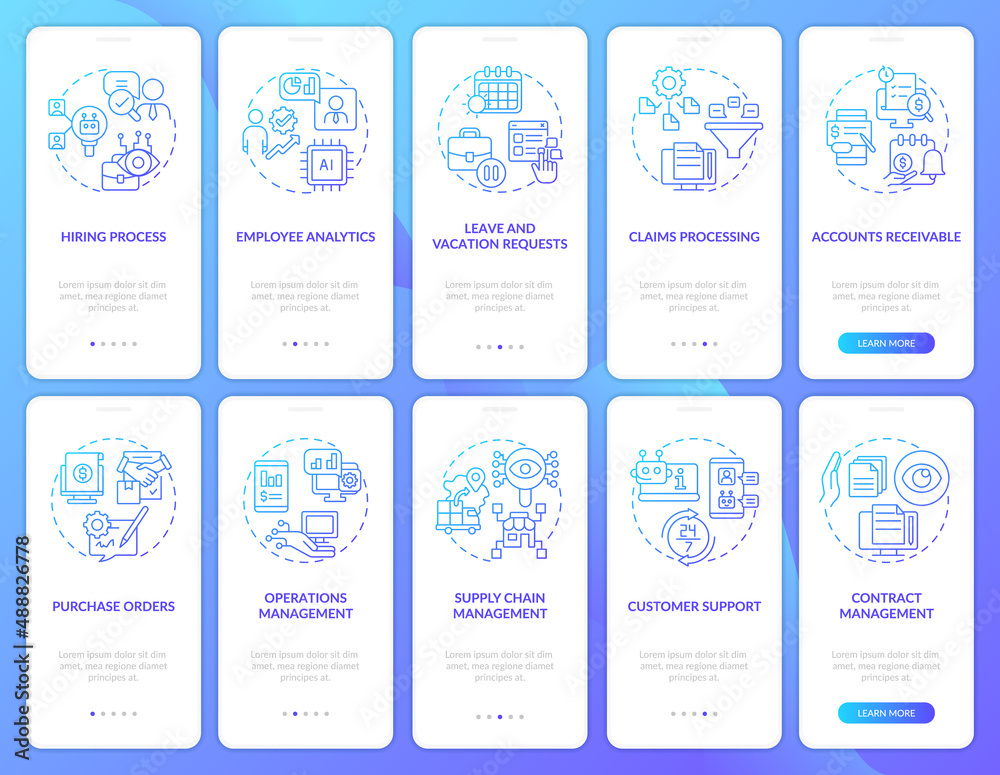 Business automation blue gradient onboarding mobile app screen set. Walkthrough 5 steps graphic instructions pages with linear concepts. UI, UX, GUI template. Myriad Pro-Bold, Regular fonts used
