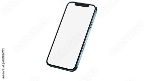 iPhone 12 pro / pro max on isolated white background. White mockup screen. Pacific Blue color.