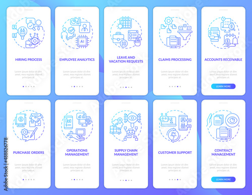 Business automation blue gradient onboarding mobile app screen set. Walkthrough 5 steps graphic instructions pages with linear concepts. UI, UX, GUI template. Myriad Pro-Bold, Regular fonts used