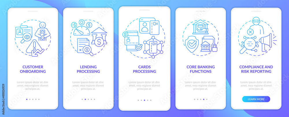 Automated banking blue gradient onboarding mobile app screen. Walkthrough 5 steps graphic instructions pages with linear concepts. UI, UX, GUI template. Myriad Pro-Bold, Regular fonts used
