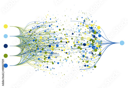 Abstractly arranged colored dots are connected by lines with sorted dots. Data concept.