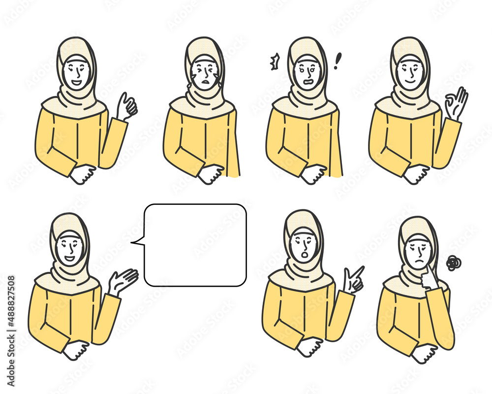 ヒジャーブを被った若いアラブ系女性の表情バリエーションの白背景に線画のシンプルなイラスト