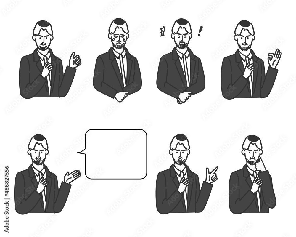 キッパーを被ったユダヤ人男性の表情バリエーションの白背景に線画のシンプルなイラスト
