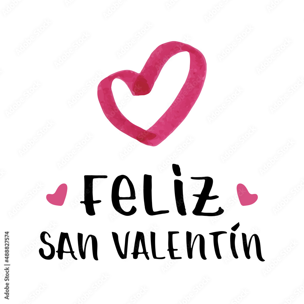 Valentine's day lettering in Spanish: Feliz San Valentin. Outline heart shape. Love symbol. Hand drawn with marker. Vector illustration, flat design