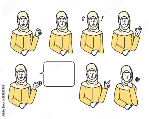 ヒジャーブを被った若いアラブ系女性の表情バリエーションの白背景に線画のシンプルなイラスト