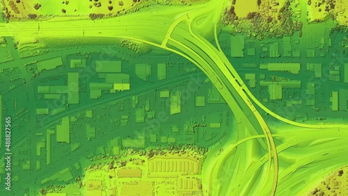 Digital elevation model. GIS product made after proccesing aerial pictures taken from a drone. It shows city urban area with roads and suburbs	
