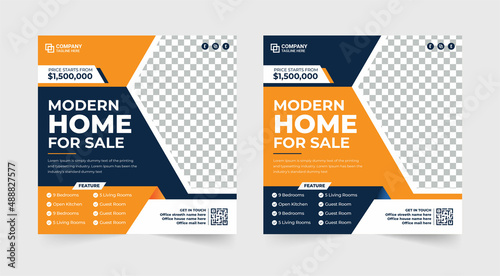 Real estate home sale social media post. Modern home for sale banner. Real estate business promotion template. Housing buy and sell social media banner. Housing business template.