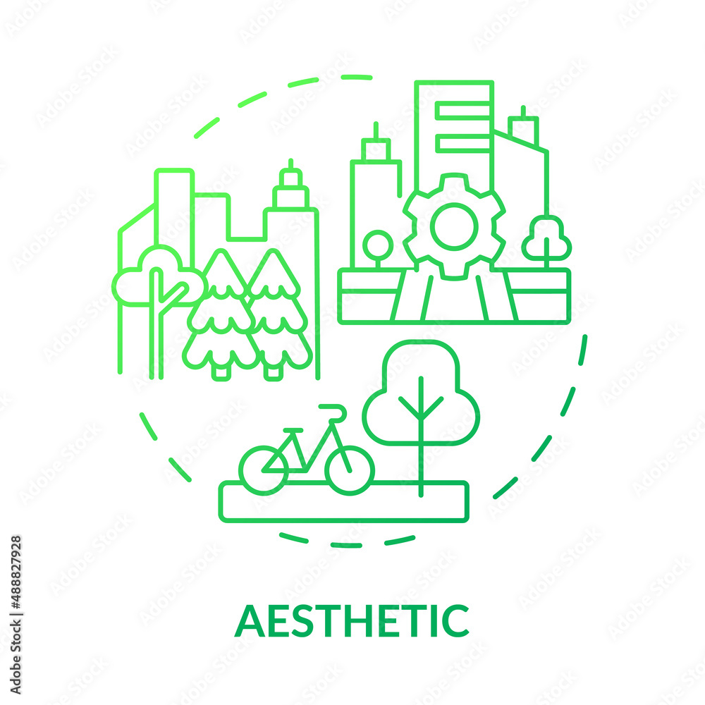 Aesthetic green gradient concept icon. Decor and comfort of citizens. Green zones. Sustainable city design abstract idea thin line illustration. Isolated outline drawing. Myriad Pro-Bold font used