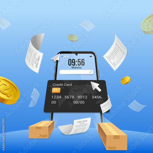 Paying bill with mobile application via credit and debit card. Online shopping payment .receipt online shopping On mobile. Deliver parcel box Product fast.Pay money transfer via online wallet.