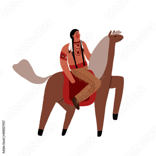 Native American man warrior riding horse. Wild West Indian American horseman warpainted. Indigenous people of America.