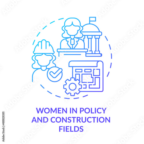 Women in policy and construction fields blue gradient concept icon. Urban management. Comfortable city design abstract idea thin line illustration. Isolated outline drawing. Myriad Pro-Bold font used