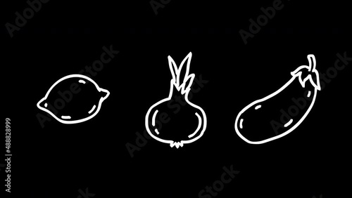 Lemon onion eggplant white outline. Frame by frame animation. Alpha channel. Looped animation