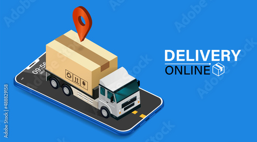 Parcel tracking app. 
delivery truck with cargo box is on a mobile phone. Online Parcel Inspection Concept.Online delivery transport logistics service. Warehouse factory express delivery box.