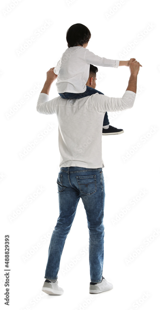 Little boy with his father on white background Little boy with his father on white background