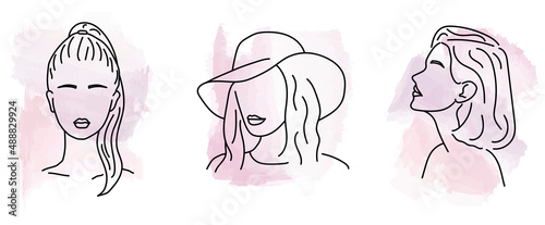 Collection of minimalistic portraits (sketch) of women with pink shades of watercolor on a white background