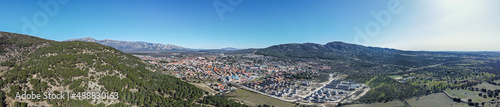 Panoramic view of the village of moralzarzal, surrounded by pine forests, located in the northwestern mountains, in the city of Madrid.