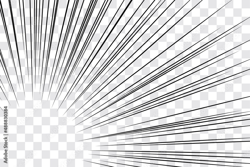 Obraz premium Manga action frame speed simple lines Motion radial lines isolated on transparent background Abstract explosive template banner Black and white monochrome vector retro illustration Comic book element