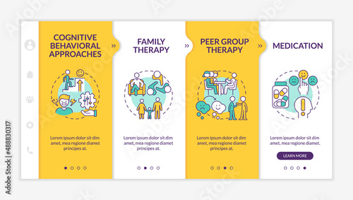 Conduct disorder treatment yellow onboarding template. Mental issue. Responsive mobile website with linear concept icons. Web page walkthrough 4 step screens. Lato-Bold, Regular fonts used