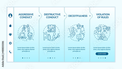 Conduct disorder groups of behavior turquoise gradient onboarding template. Responsive mobile website with linear concept icons. Web page walkthrough 4 step screens. Lato-Bold, Regular fonts used