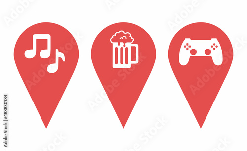 Map pointer icon set. Pins with different pointers. Entertainment, pub, pub, game center, dancing, karaoke, music. Design elements for games, banner, poster