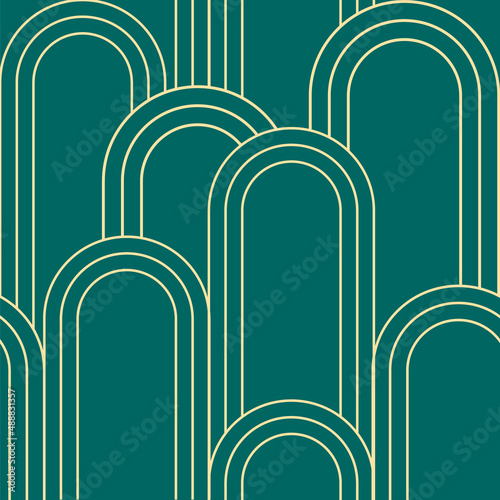 Art deco green pattern. Abstract background. Geometric line arch shape. Wallpaper design. Vector stock illustration