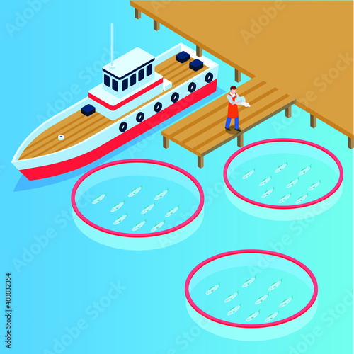Fish farm industry isometric 3d vector concept for banner, website, illustration, landing page, flyer, etc.