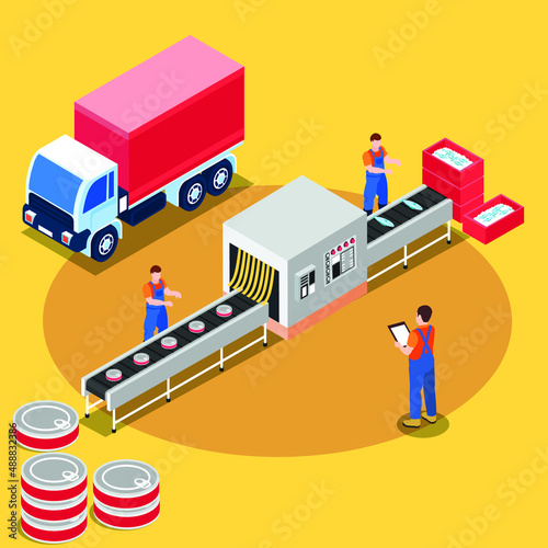 Seafood canned fish industry isometric 3d vector concept for banner, website, illustration, landing page, flyer, etc.