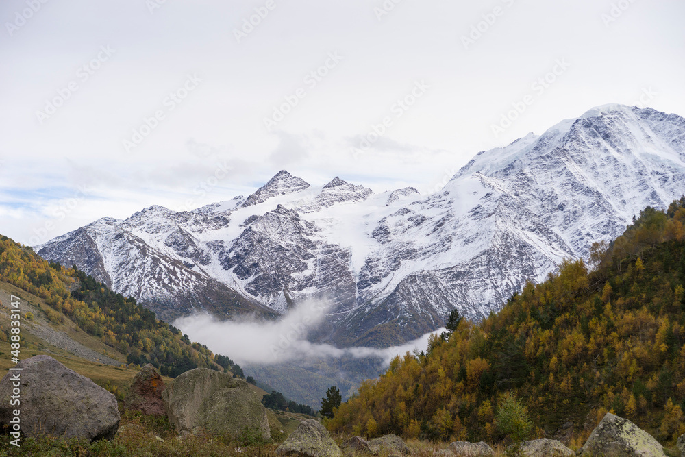 Breathtaking panorama of morning wild nature high in mountains