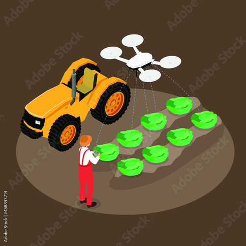 Smart farming - Farmer using drone sprayer isometric 3d vector concept for banner, website, illustration, landing page, flyer, etc.