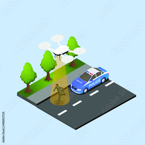 Drone helps police to track a thief isometric 3d vector concept for banner, website, illustration, landing page, flyer, etc.