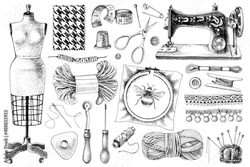 Vector monochrome Hand drawn vintage sewing kit.