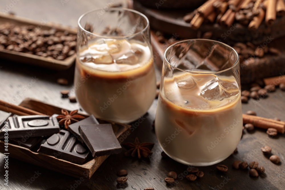 Cream and coffee cocktail in glasses with ice. Cream and coffee cocktail in glasses with ice.
