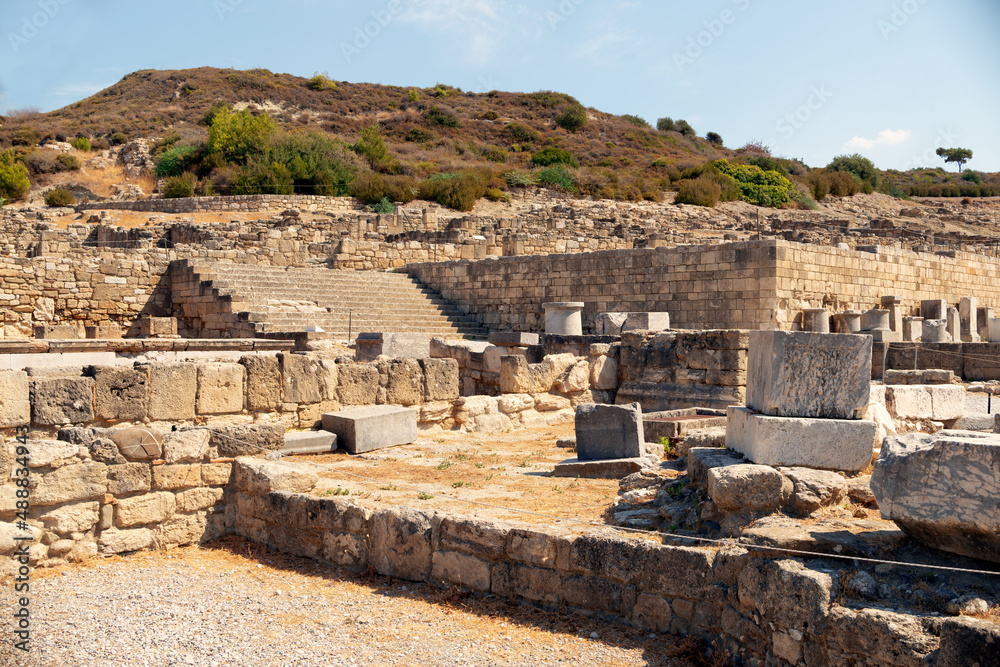 Ruins of Hellenistic houses and doric temple in ancient Kamiros archeological site Rhodes Greece