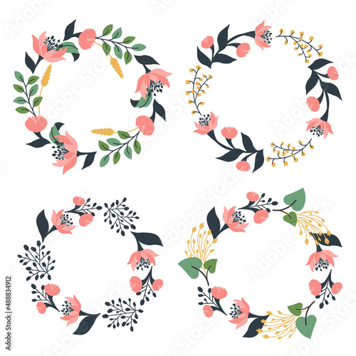 Set flower wreaths. Beautiful floral frame of  blooms, leaves, herbal plants, wildflowers. Floristic template for Greeting card, Women's Day, Mother's Day, beauty industry. Vector cartoon illustration