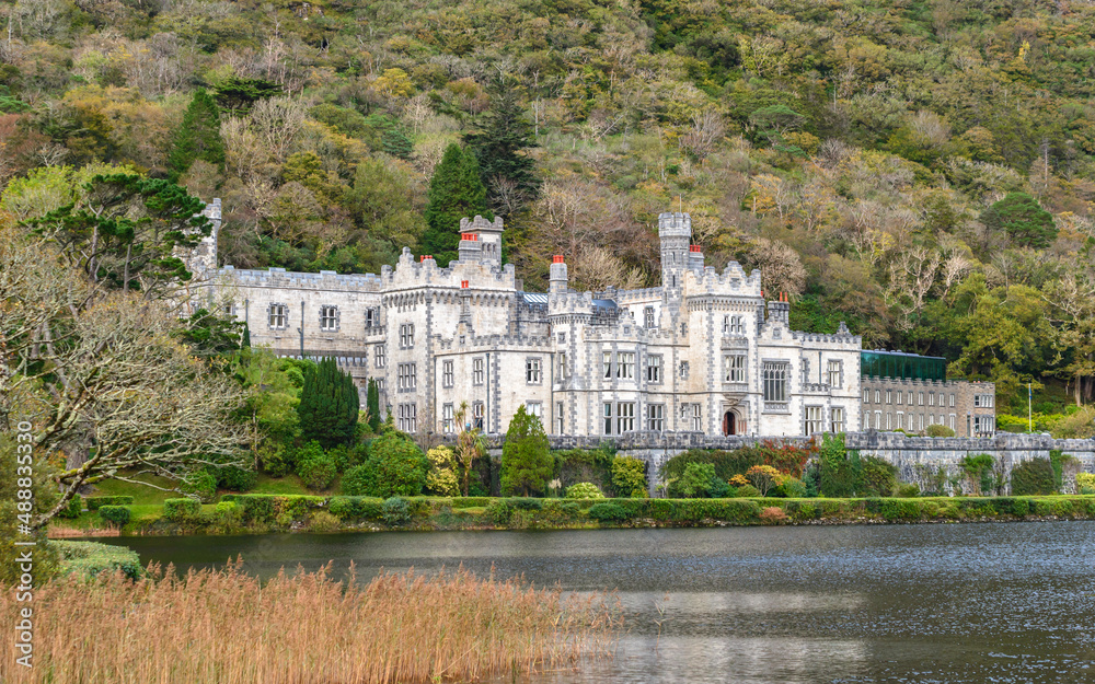 Landscape view with Kylemore Abbey Old Church famous Irish landmark Galway Ireland