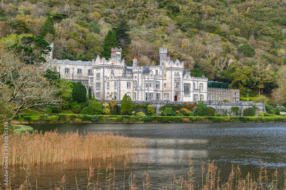 Landscape view with Kylemore Abbey Old Church famous Irish landmark Galway Ireland
