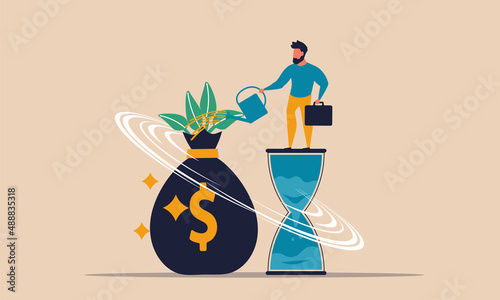 Investor invest to financial credit and interest to growth pension. Salary success with prosperity vector illustration concept. Cartoon character watering seed sprout. Capital budget saving and wealth