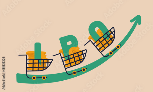 IPO public business offer and fund buy venture. Private coin price and share arrow capital vector illustration concept. Finance investment and debut brokerages. Start term initial money increase