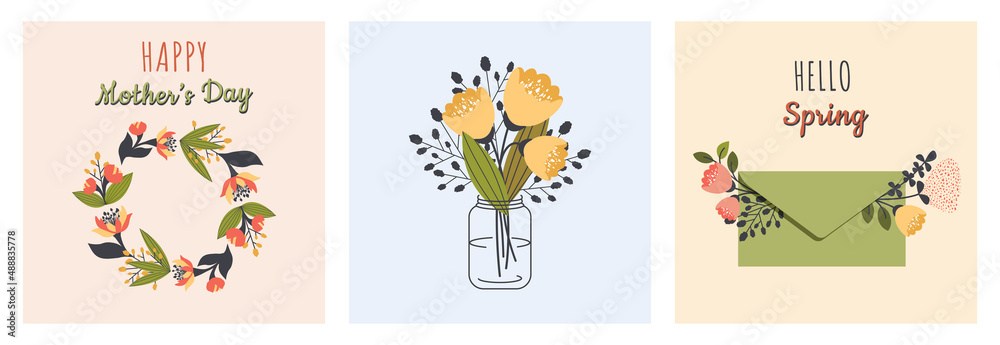 Fototapeta premium A set of greeting cards for Mother's Day, March 8, spring holiday. Floristic template, design. Beautiful colorful flowers in vase, floral wreath, envelope with flowers. Vector cartoon illustration