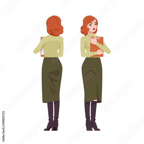 Red haired secretary woman, attractive redheaded business lady standing. Office work outfit, young elegant businesswoman. Vector flat style cartoon character isolated on white background, front, rear