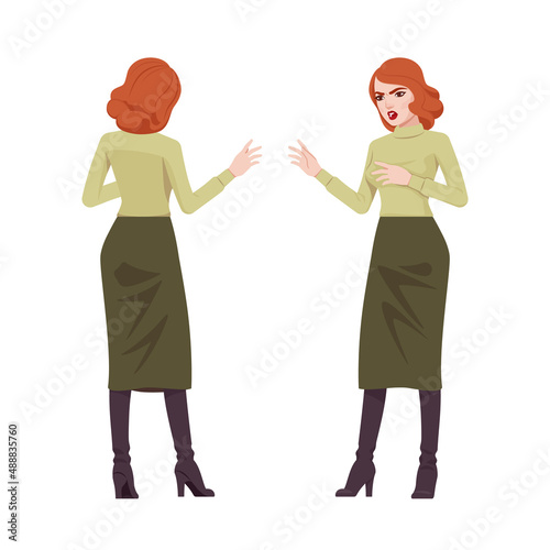 Red haired secretary woman, attractive redheaded business lady talking. Office work outfit, young elegant businesswoman. Vector flat style cartoon character isolated on white background, front, rear